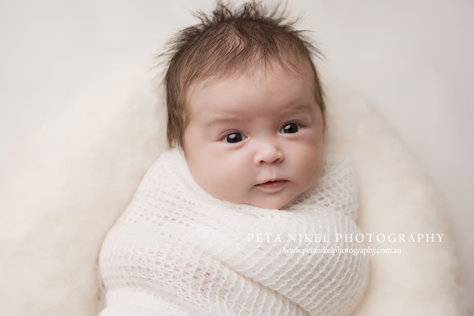 Hobart Baby Photographer - gorgeous baby wide awake, photo taken in studio
